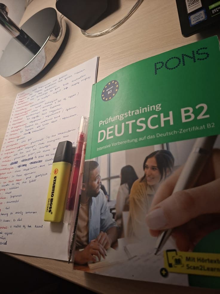 Учебник „Prüfungstraining Deutsch B2“ на бюро с тетрадка и маркери