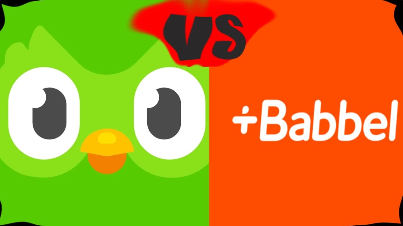 Duolingo's green owl and the Babbel logo side by side, with VS between them