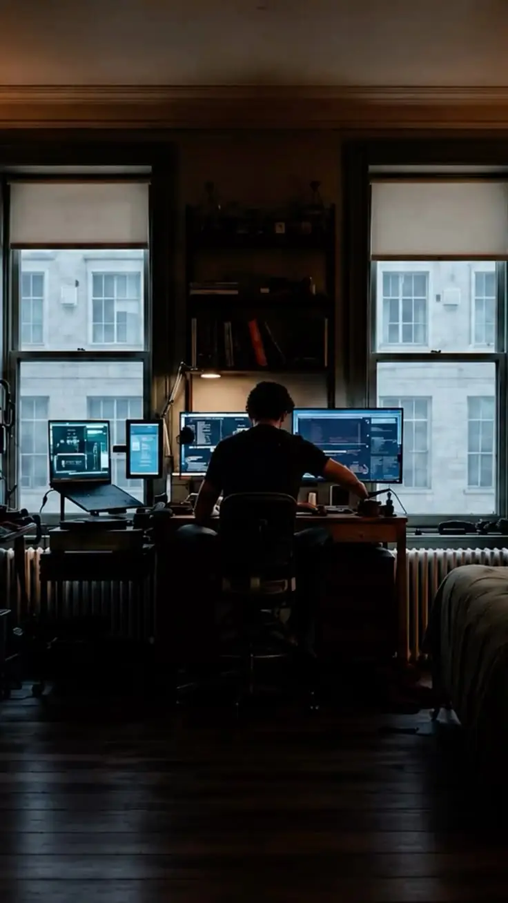 A man working from a desk with several computer screens by a window