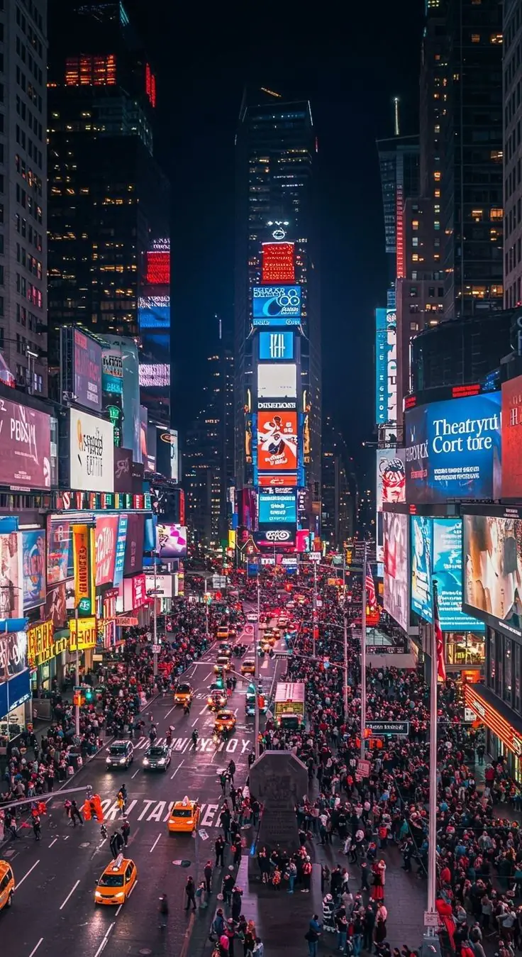 A busy city street at night full of lights and billboards
