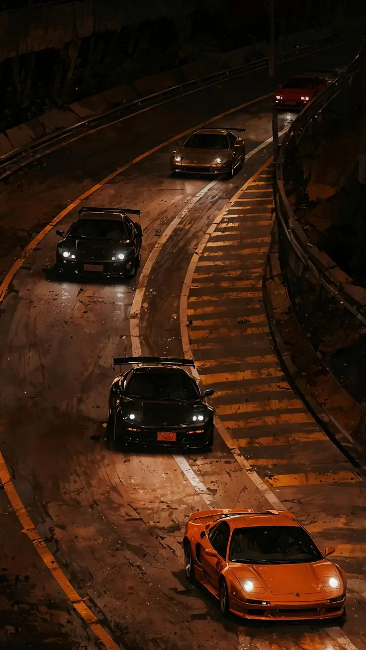 Two cars driving down a wet road at night